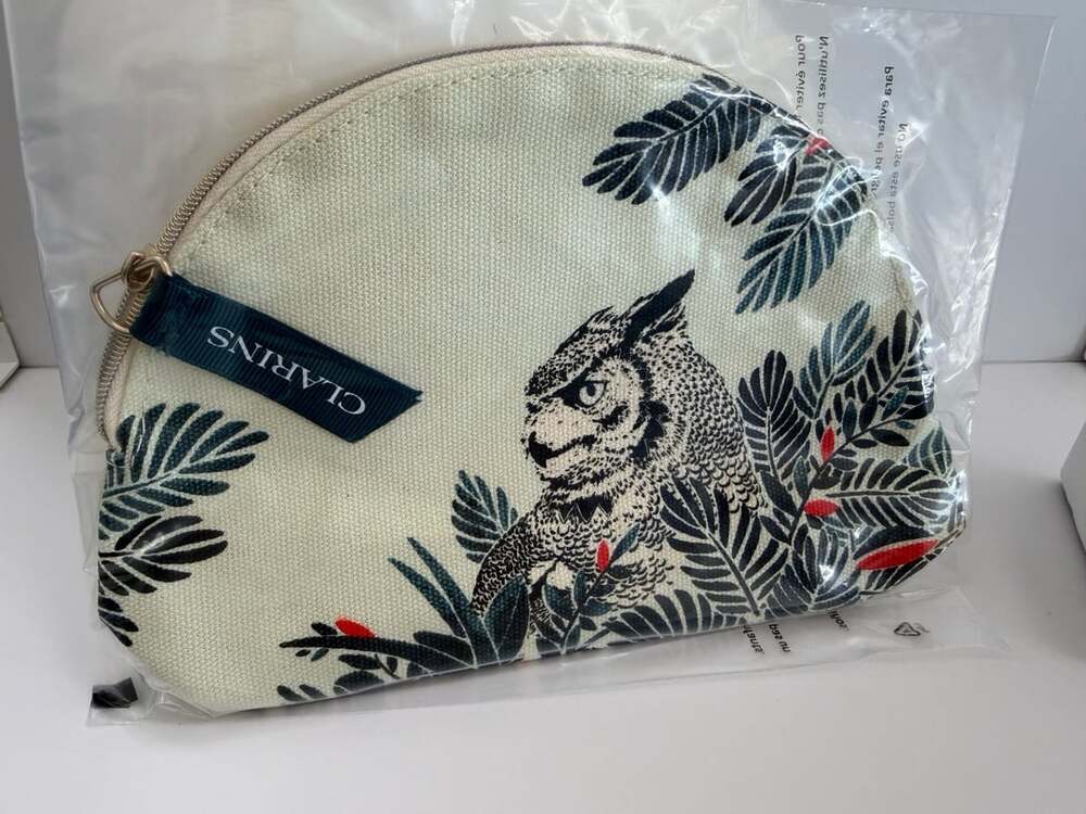 Preloved like new Clarins Owl Leaf Print Makeup Pouch Cosmetic Bag